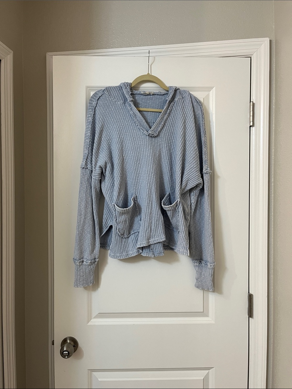 easel Sky Blue Waffle Knit Hooded Pullover with Front Pockets